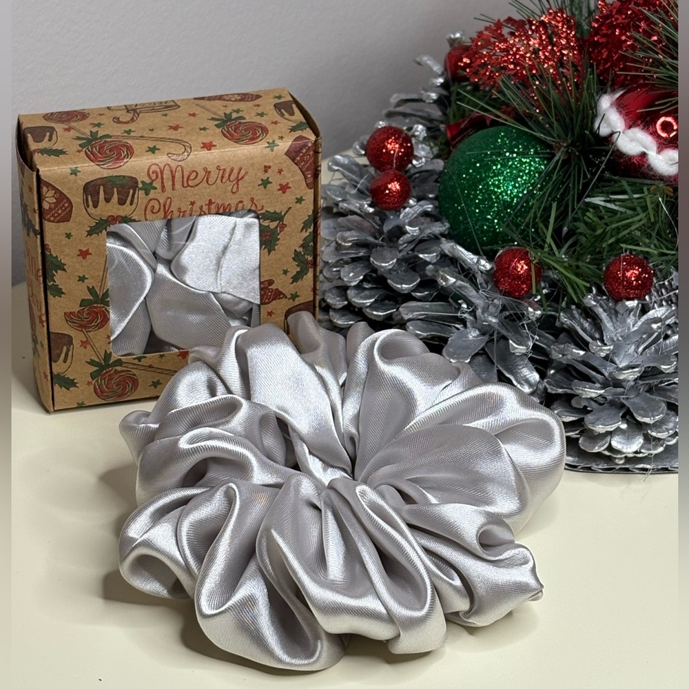 Christmas Silver Satin Hair Scrunchie in Gift Box - Picture 1 of 4